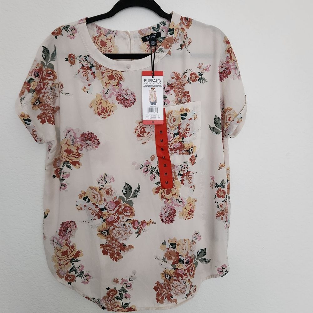 Buffalo David Bitton Womens Woven Blouse Patch Pocket Back Keyhole Ivory Medium